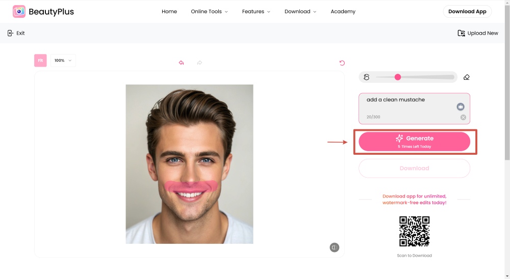 BeautyPlus AI Replace Web Screenshot EN - mustache filter generate