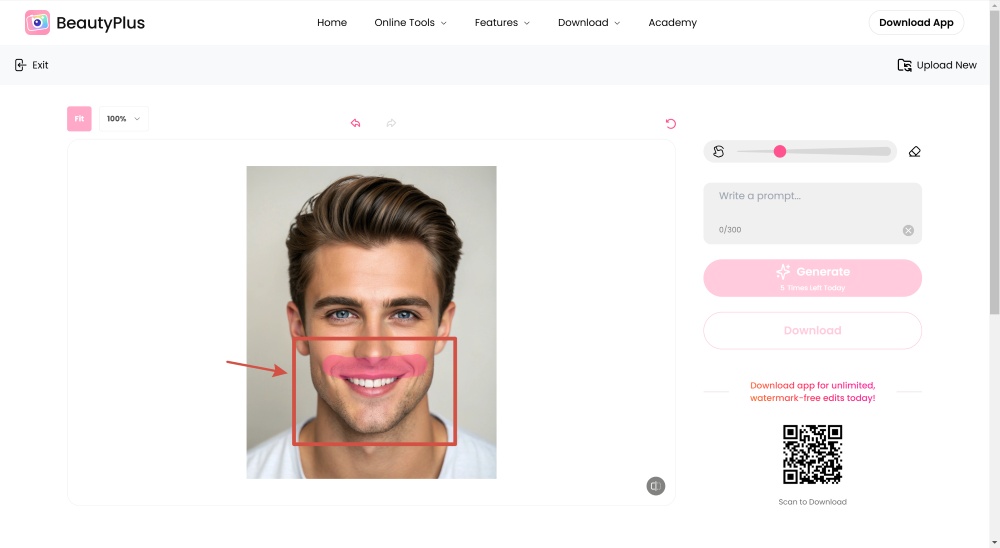 BeautyPlus AI Replace Web Screenshot EN - mustache filter highlight