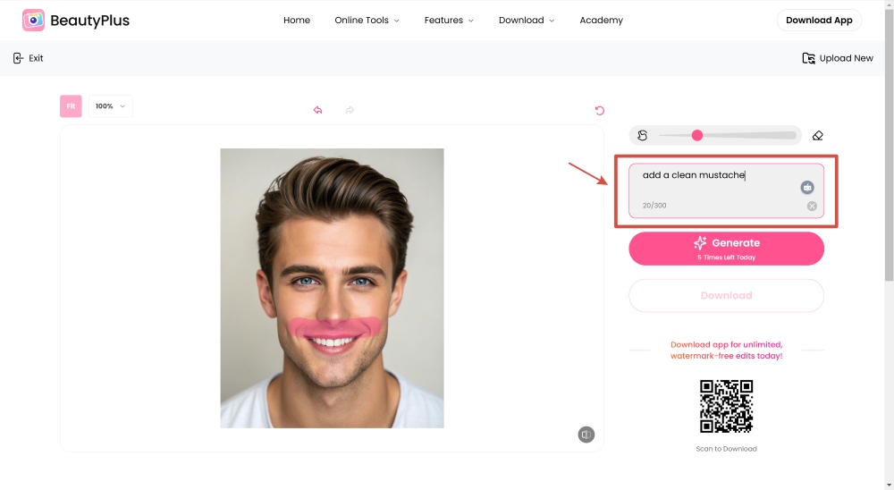 BeautyPlus AI Replace Web Screenshot EN - mustache filter promt