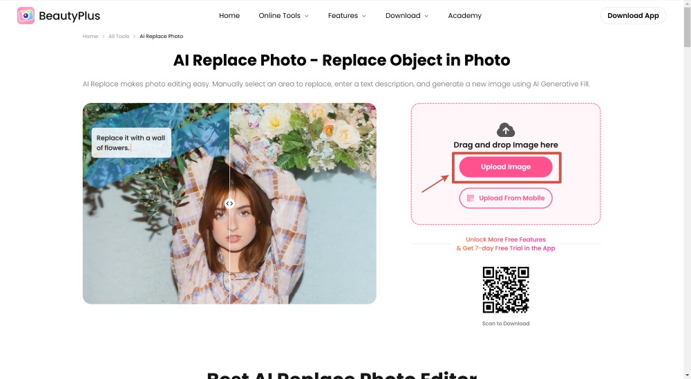 BeautyPlus AI Replace Web Screenshot EN - upload image