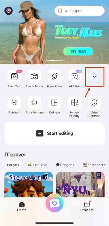 BeautyPlus App Screenshot EN - arrow down