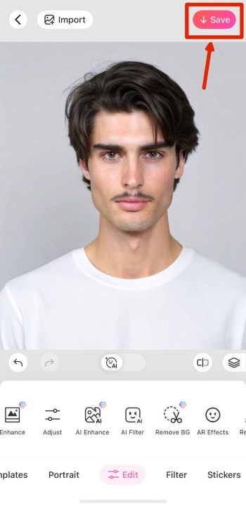 BeautyPlus App Screenshot EN - mustache filter save