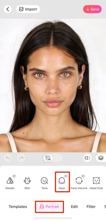 BeautyPlus App Screenshot EN - Nose Job Filter front portrait face
