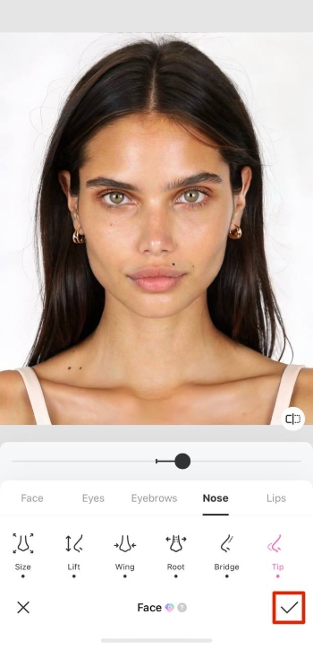 BeautyPlus App Screenshot EN - Nose Job Filter front results tick
