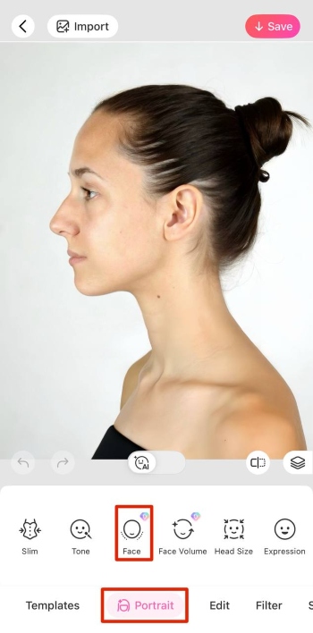 BeautyPlus App Screenshot EN - Nose Job Filter side portrait face