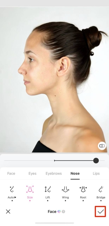 BeautyPlus App Screenshot EN - Nose Job Filter side tick