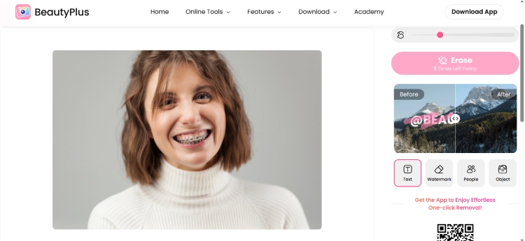 BeautyPlus Object Remover Web Screenshot EN - girl with braces 1