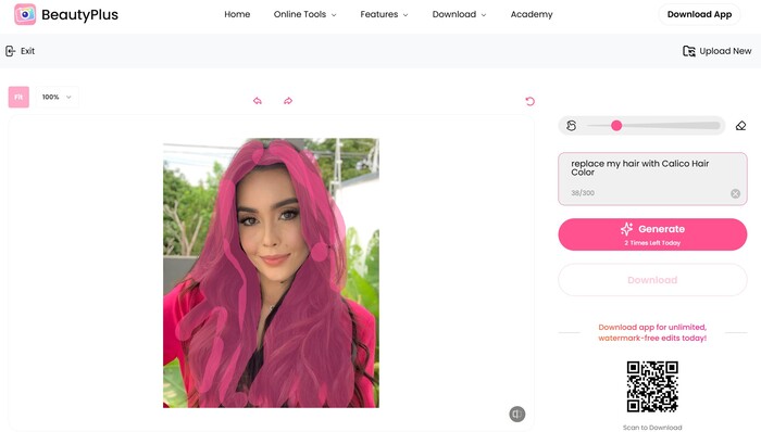 BeautyPlus online-Select Your Hair on the Crown Area And Give Command