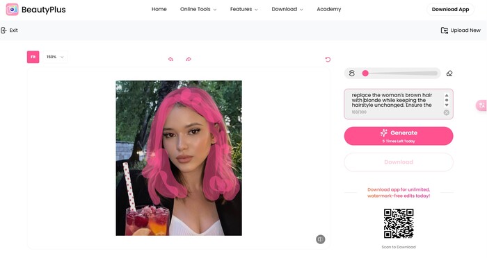 BeautyPlus Online-write the prompt you like to change hairstyle