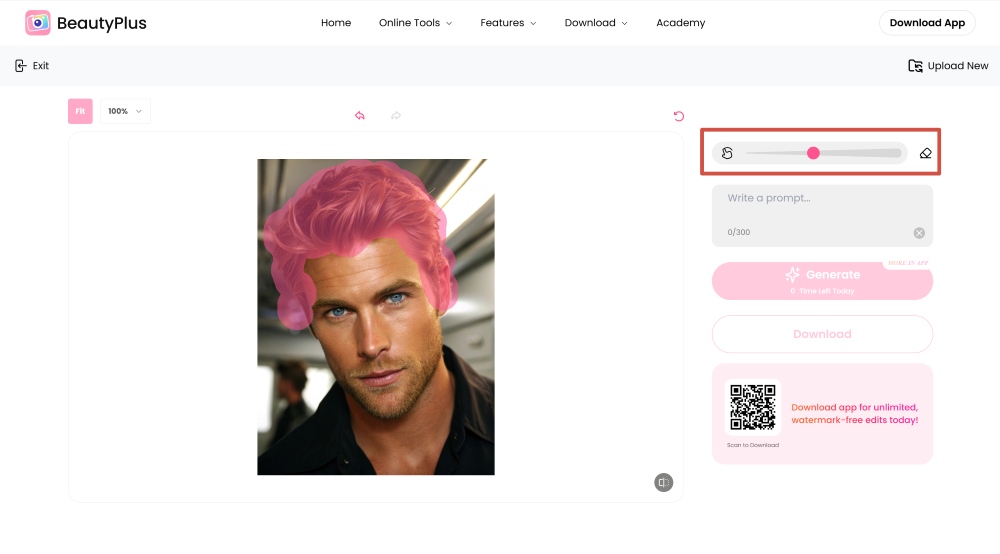 BeautyPlus Web Screenshot EN - ai replace Bald Filter brush size