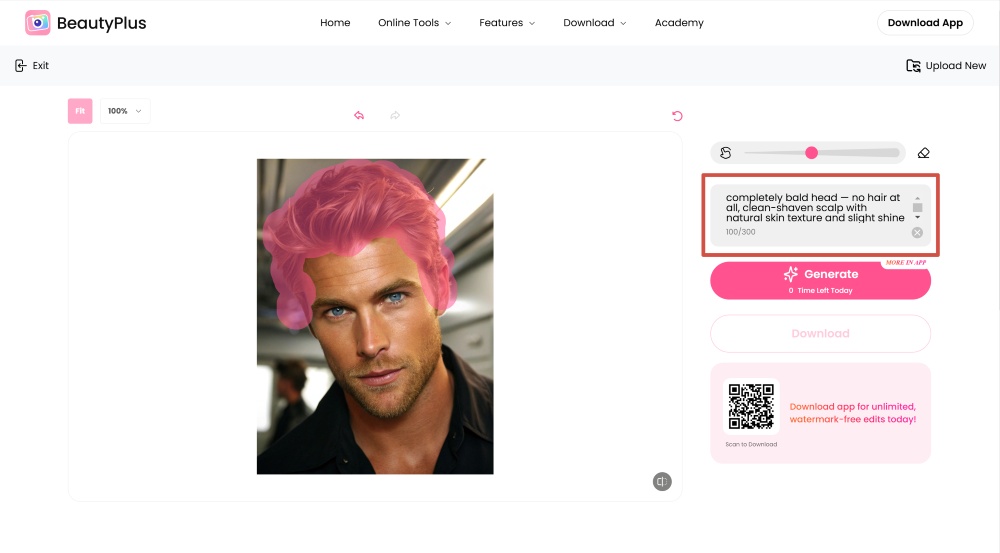 BeautyPlus Web Screenshot EN - ai replace Bald Filter promt