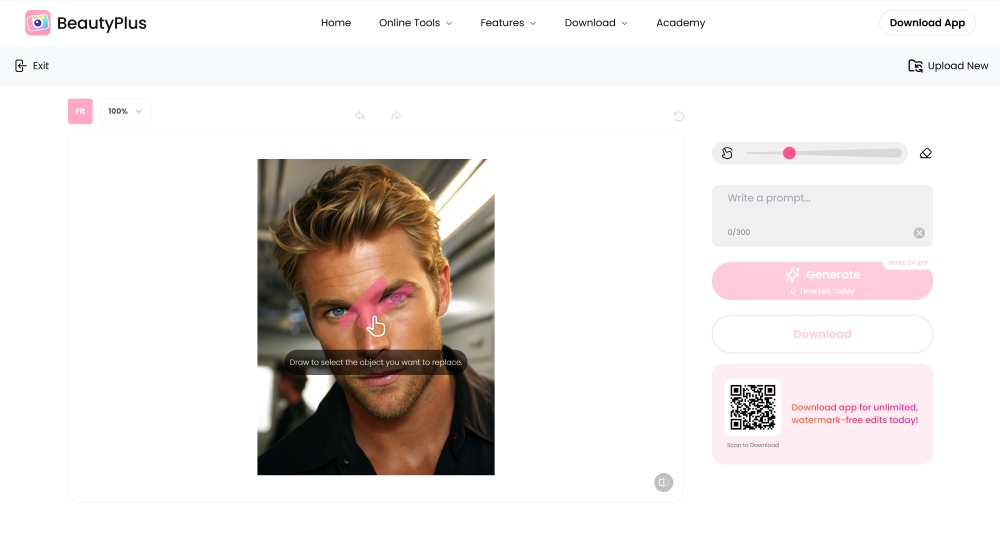 BeautyPlus Web Screenshot EN - ai replace Bald Filter uploaded image