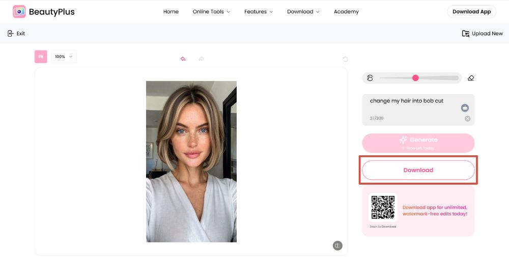 BeautyPlus Web Screenshot EN - ai replace photo short hair filter download
