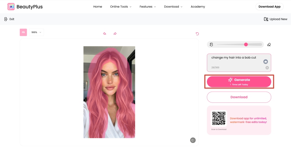 BeautyPlus Web Screenshot EN - ai replace photo short hair filter generate