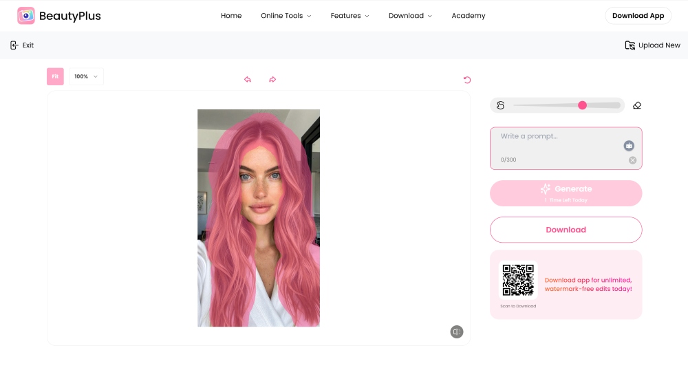 BeautyPlus Web Screenshot EN - ai replace photo short hair filter highlight hair