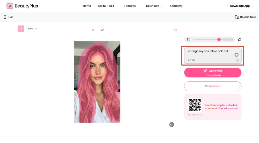 BeautyPlus Web Screenshot EN - ai replace photo short hair filter promt