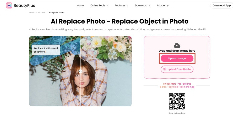 BeautyPlus Web Screenshot EN - ai replace photo short hair filter upload image