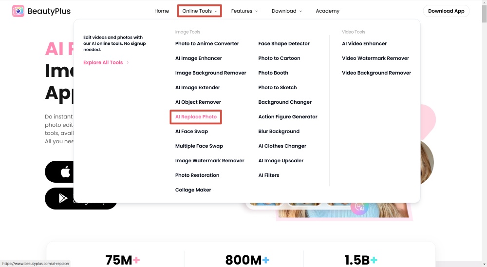 BeautyPlus Web Screenshot EN - find ai replace