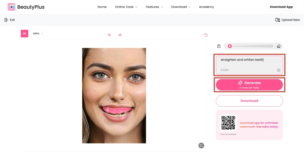 BeautyPlus Web Screenshot EN - straight teeth filter generate