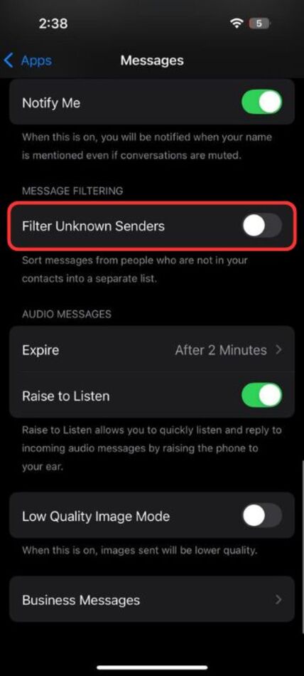 blur text on iphone-filter unknown senders