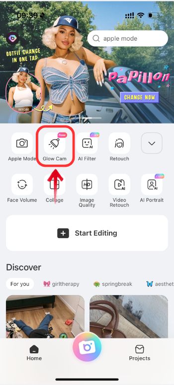 DIY Photography Lighting Ideas - BeautyPlus - choose Glow Cam