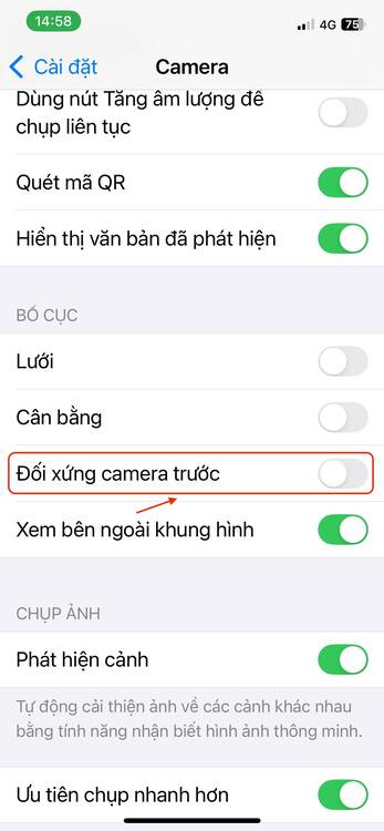 cách lật ảnh trên iphone-Bật tính năng đối xứng camera trước