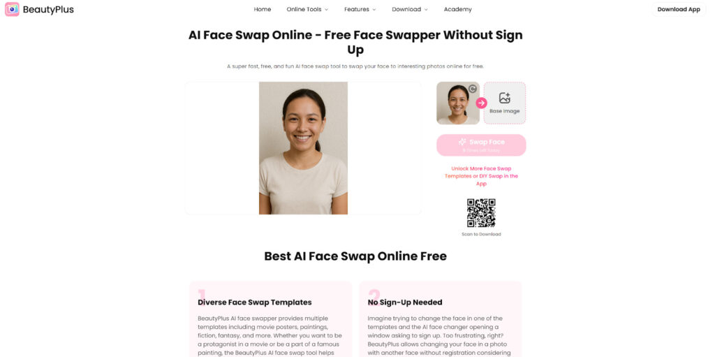 หน้าจออัพโหลดรูปบนเว็บไซต์ BeautyPlus AI Face Swap