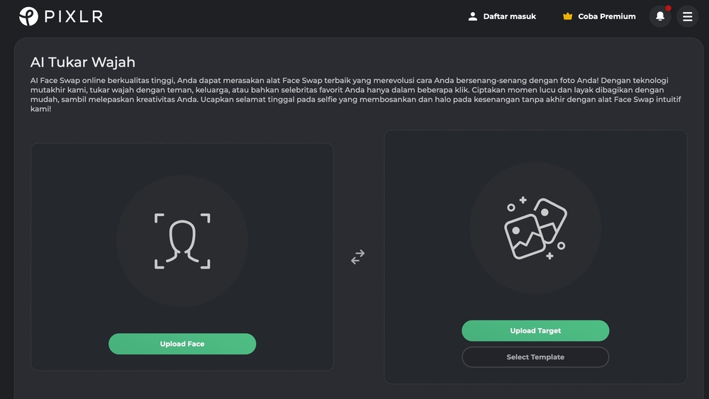 pixlr -face swap landing page
