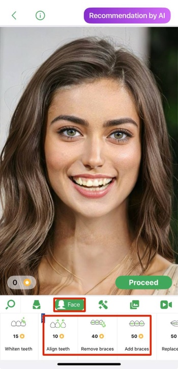 Retouch Me App Screenshot EN - straight teeth filter options