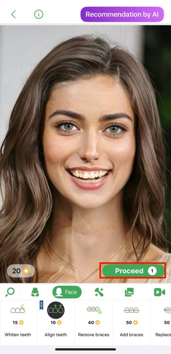 Retouch Me App Screenshot EN - straight teeth filter proceed